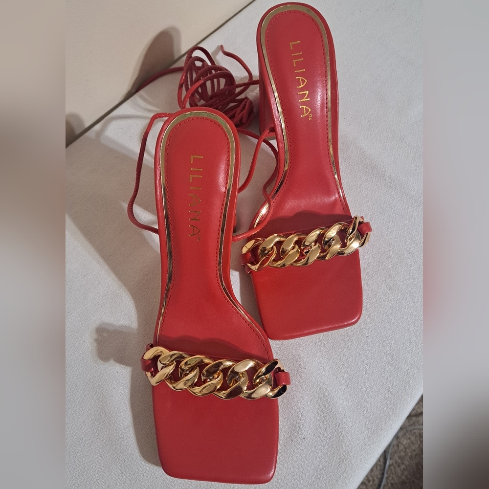 Liliana Red Chain Gladiator Strap Women's Sandals heels Size 8
